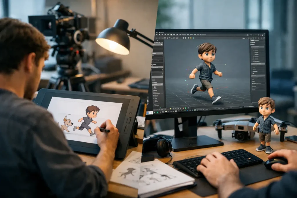 Qual é a diferença entre animação 2D e 3D?